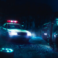 Police car arriving near a car crash / scale model scene Police car arriving near a car crash / scale model scene