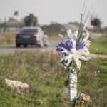 Memorial bouquet at the site of a road accident