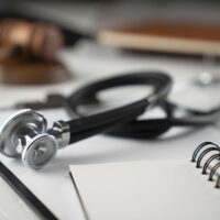 Medical law concept. Gavel, notebook and stethoscope on the white table. Place for text.