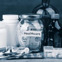Saving money for health care insurance - money glass, stethoscope, pills and bottles Saving money for health care insurance - money glass, stethoscope, pills and bottles